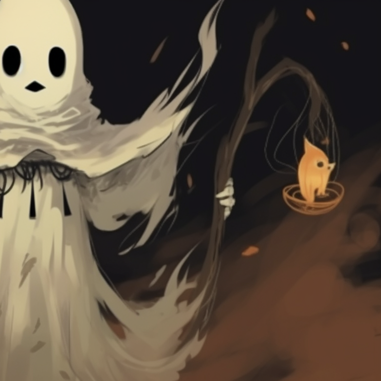 Two ghost characters, strikingly detailed, floating symmetrically. history of ghost pfp for halloween pfp for discord.