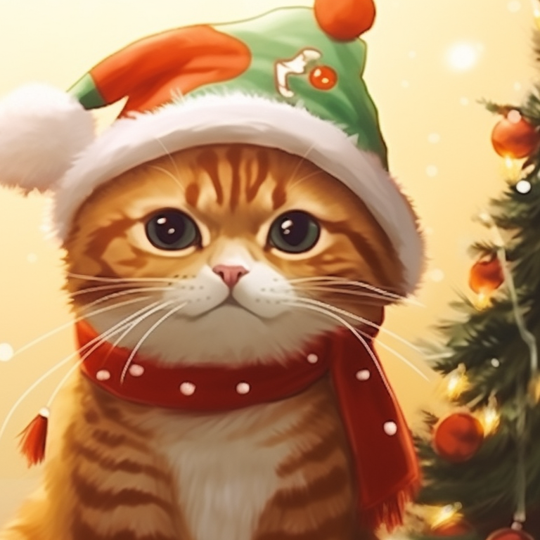 Two calico anime cats holding giant candy canes, twinkling lights and holly in the background. matching christmas cat pfp - cute options pfp for discord.