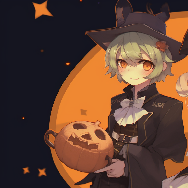 Two characters in traditional Halloween garb, used earth tones, one carrying a pumpkin. genshin characters halloween matching profile pictures pfp for discord.