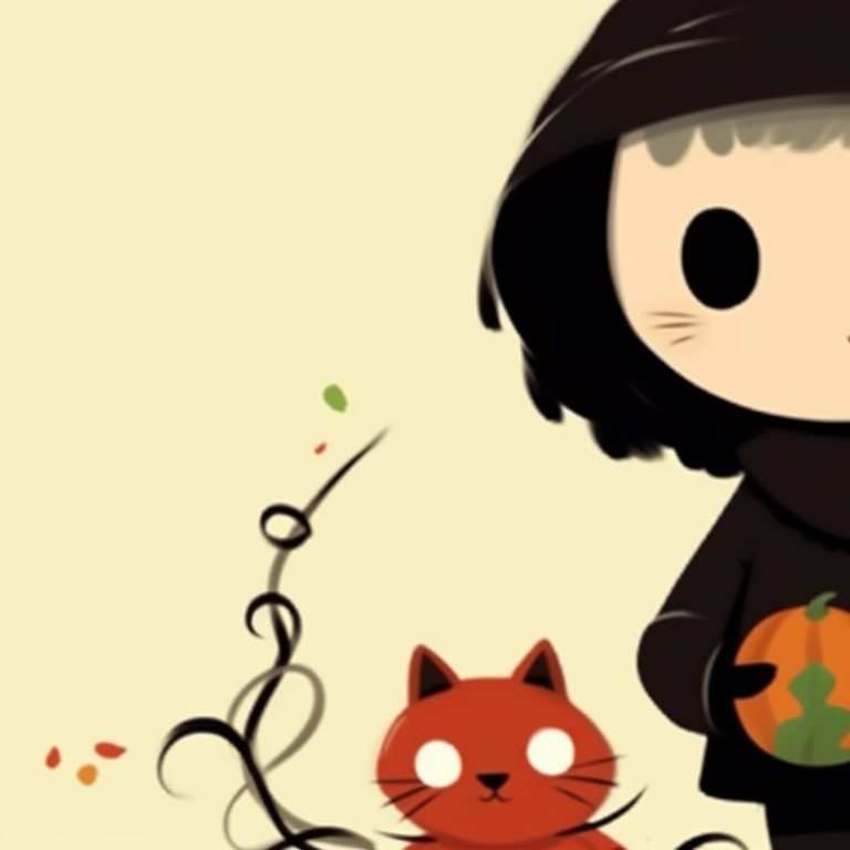 Stickman characters, one styled as a whimsical witch, the other as a cuddly black cat, using a warm and dark color palette. stickman pfp in halloween settings pfp for discord.