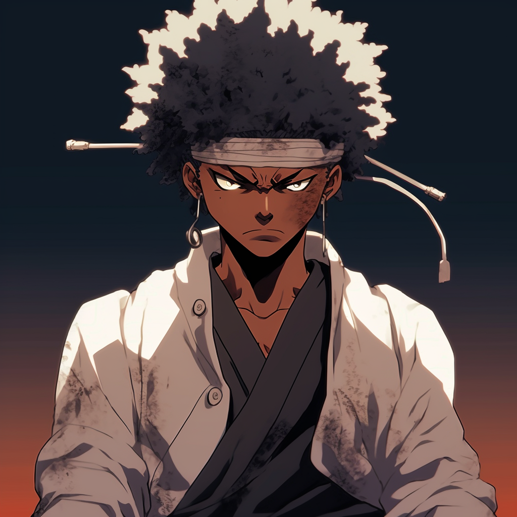 Afro Samurai in action, dynamic movements and strong outlines. enticing male black anime characters pfp