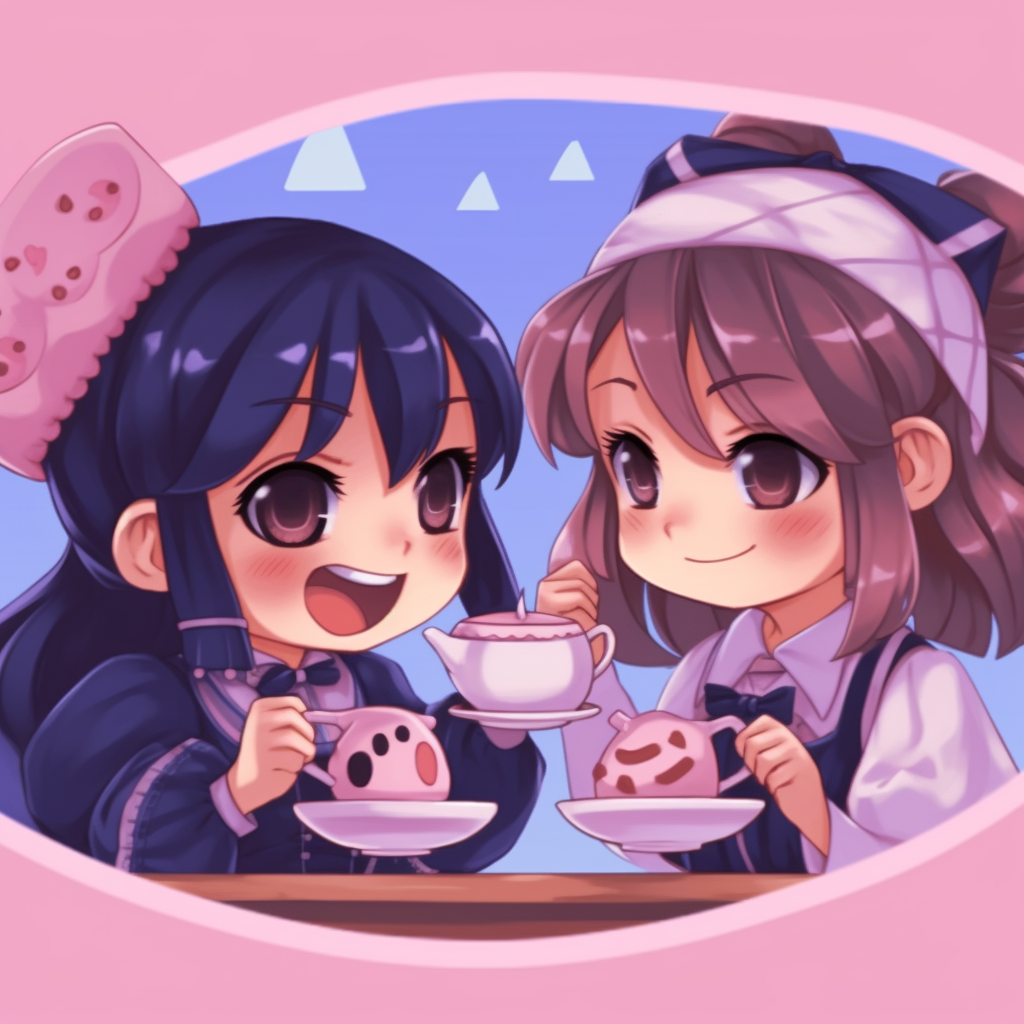 Anime portrayal of two friends on a day out, emphasis on costume details and surroundings. cute concept matching pfp in anime for friends