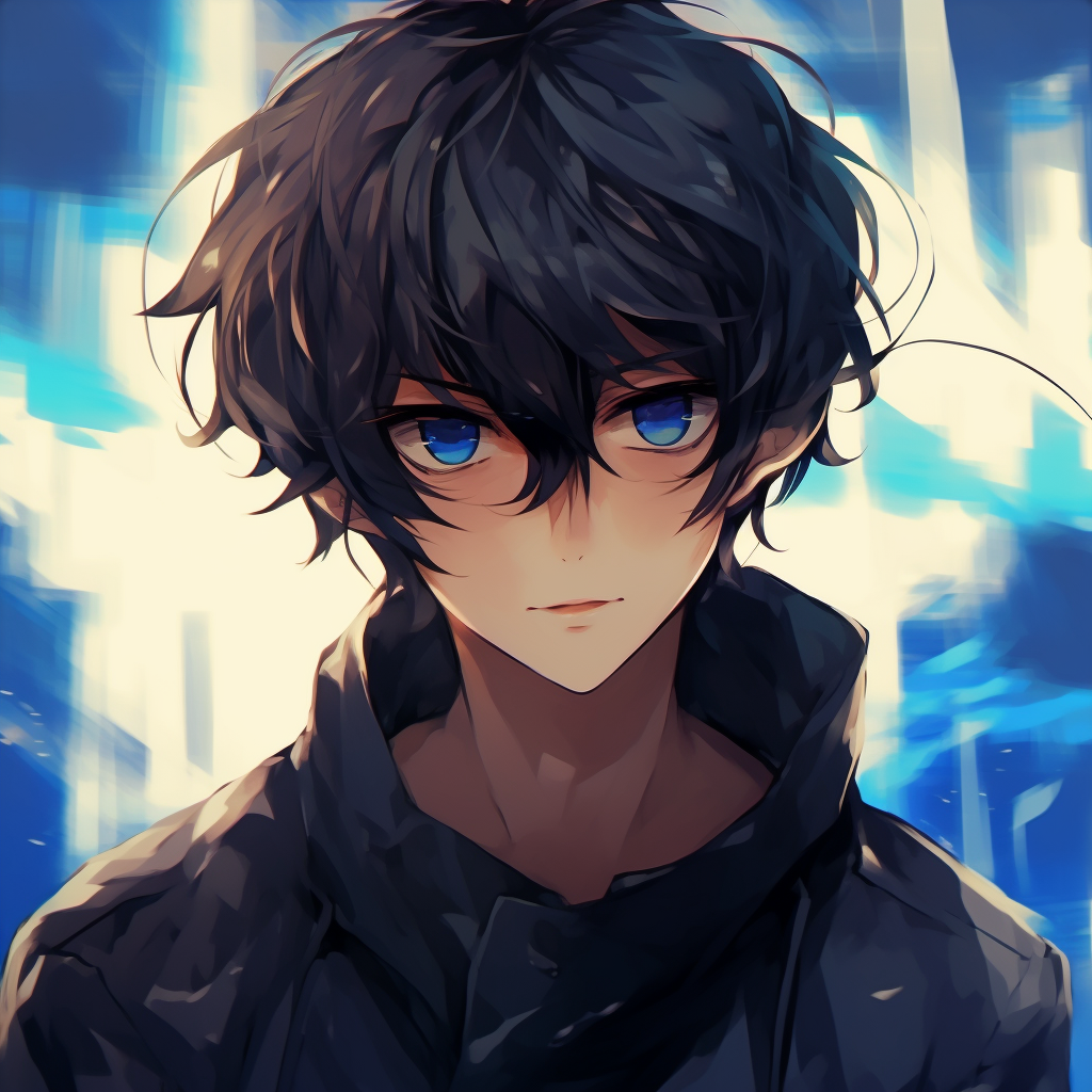 Young anime boy with dark hair covering his eyes, shades of blue and intense aura. anime pfp boy actions