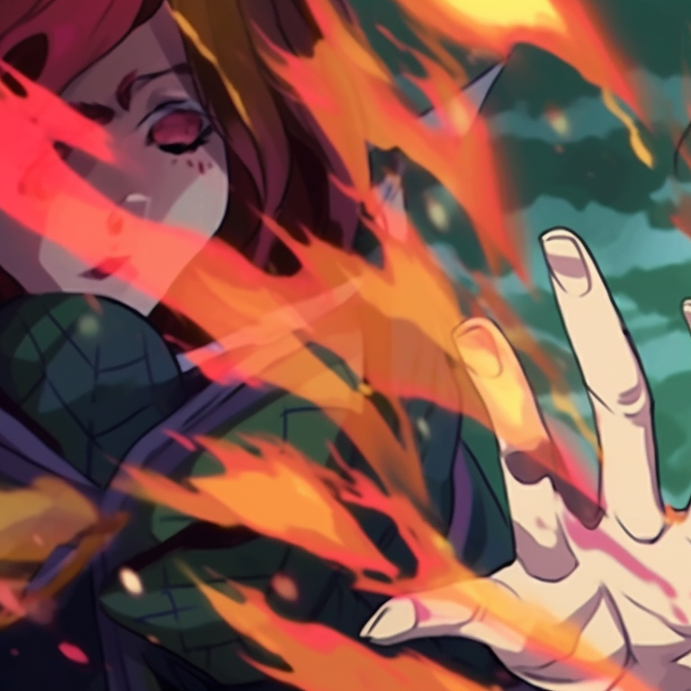 Two characters in defensive poses, earthy tones and a background depicting a traditional Japanese landscape. charming demon slayer matching pfp set pfp for discord.