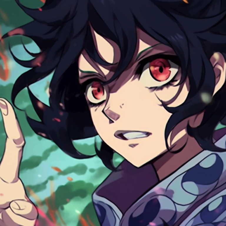 Two characters in defensive poses, earthy tones and a background depicting a traditional Japanese landscape. charming demon slayer matching pfp set pfp for discord.