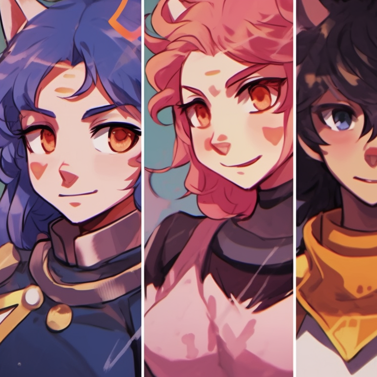 Four characters with interlocking gazes, soft pastel background and a peaceful aura. creative matching pfp for 4 friends pfp for discord.