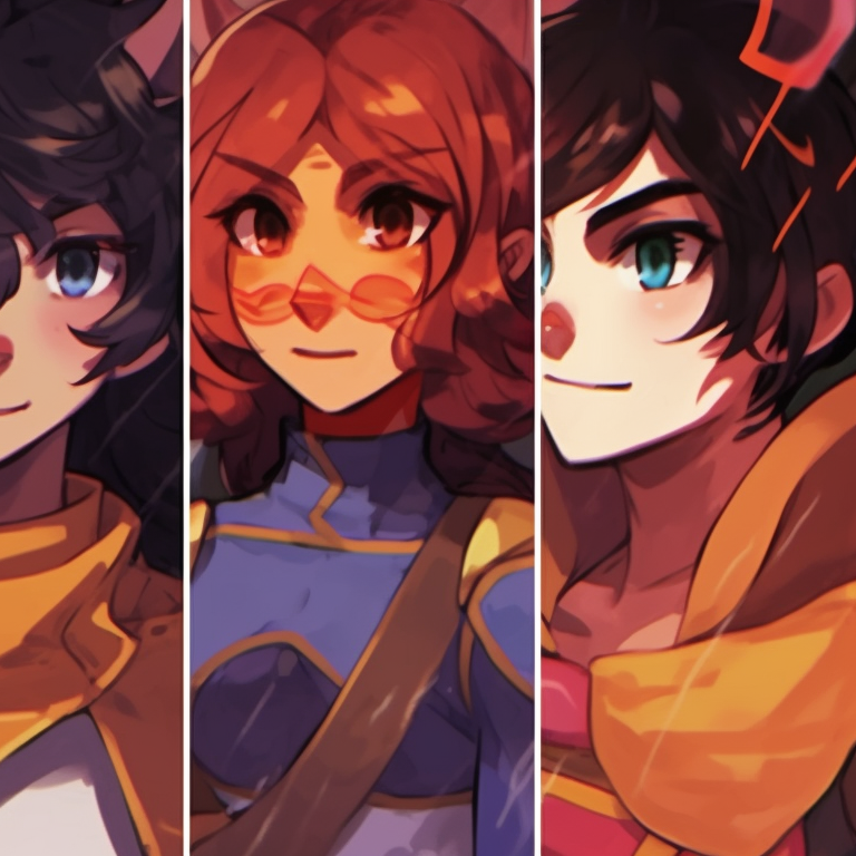 Four characters with interlocking gazes, soft pastel background and a peaceful aura. creative matching pfp for 4 friends pfp for discord.