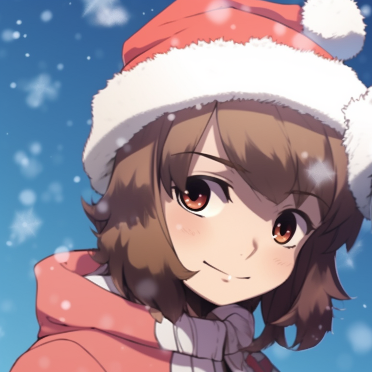 Close-up of two characters, stargazing, vivid colors, and luminous details, with matching Christmas hats. christmas themed matching hat kid pfp pfp for discord.