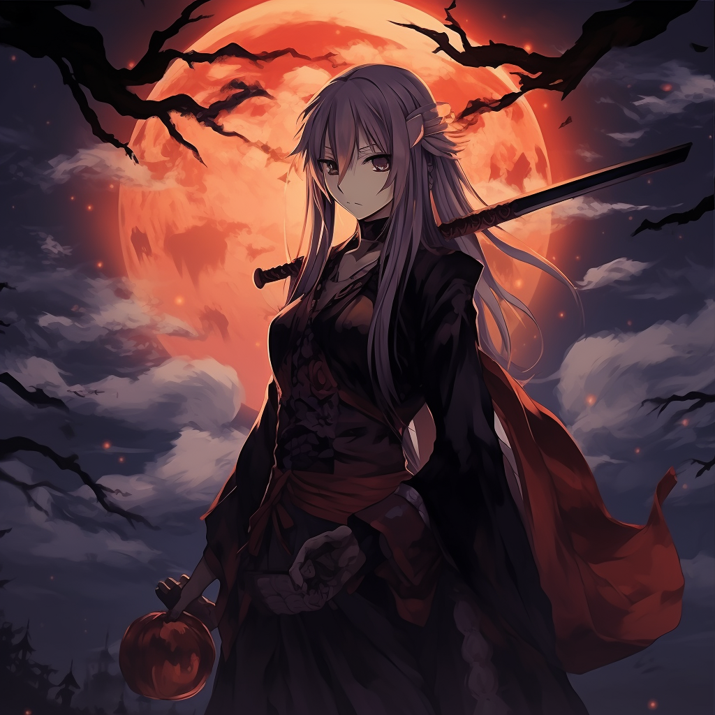Samurai-themed anime character brandishing a sword, on a moonlit Halloween night. anime halloween pfp unison