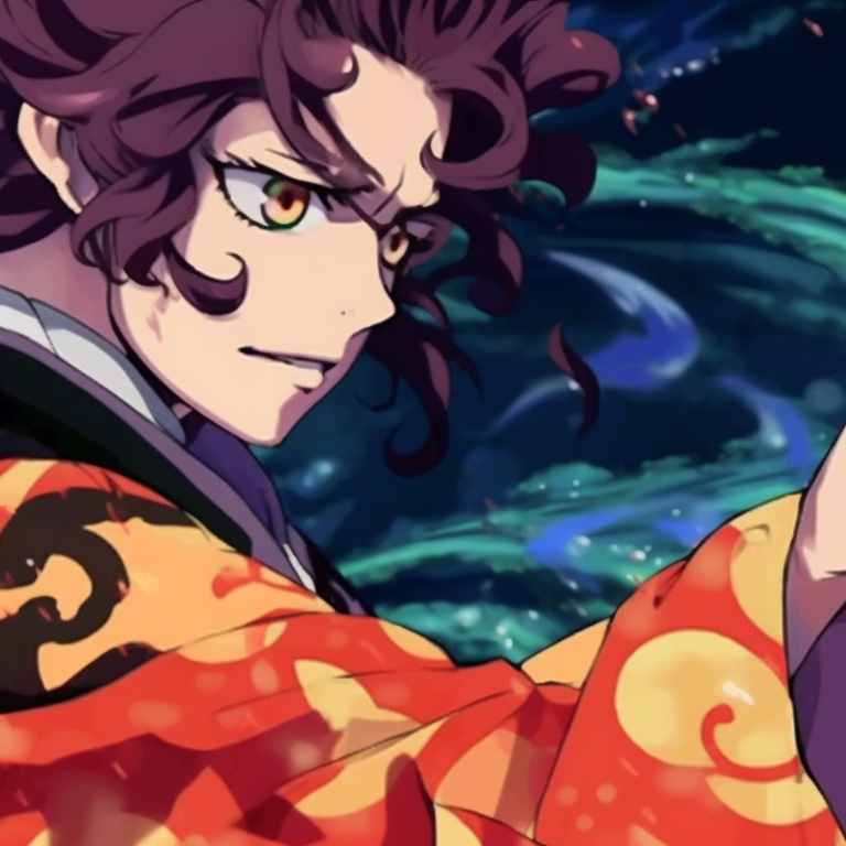 Two characters, one surrounded by water motifs, the other by fire motifs, striking contrast and vivid colors. charming demon slayer matching pfp set pfp for discord.