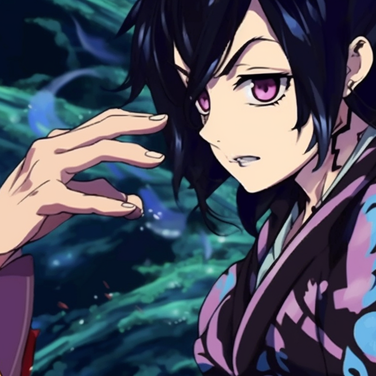 Two characters, one surrounded by water motifs, the other by fire motifs, striking contrast and vivid colors. charming demon slayer matching pfp set pfp for discord.