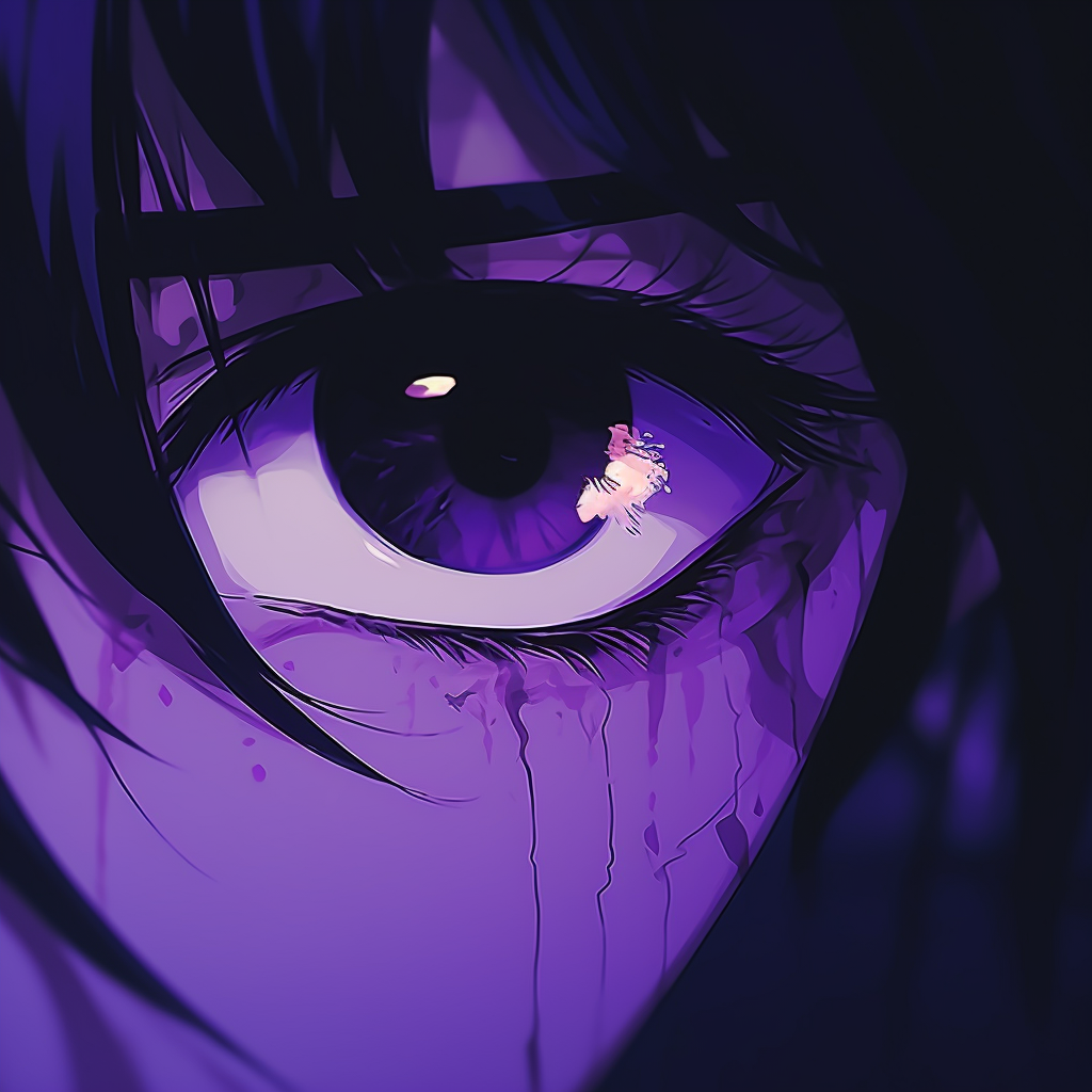 Close-up of vibrant purple anime eyes, focused details and deep color saturation. adorable purple anime pfps