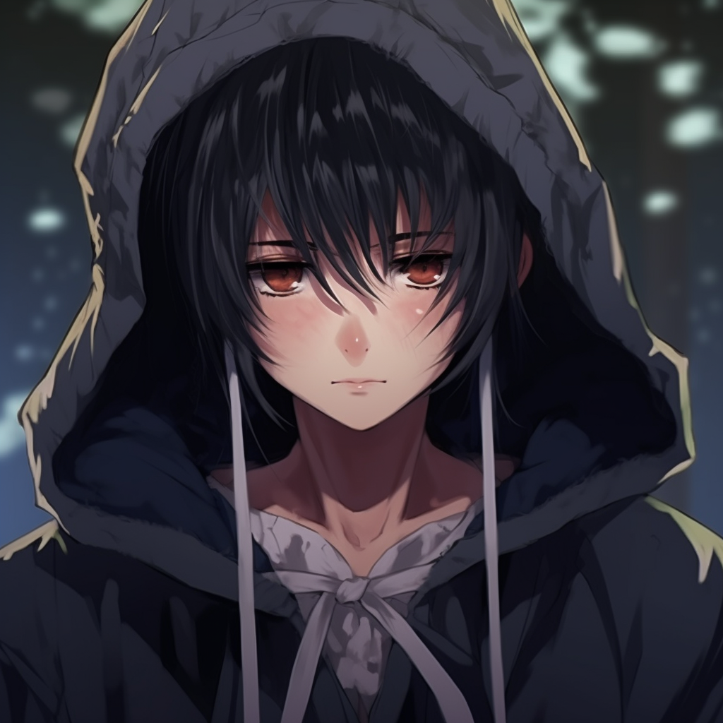 Anime boy displaying a cloaked expression, realistic shading and meticulous details. sus anime boy pfp imagery