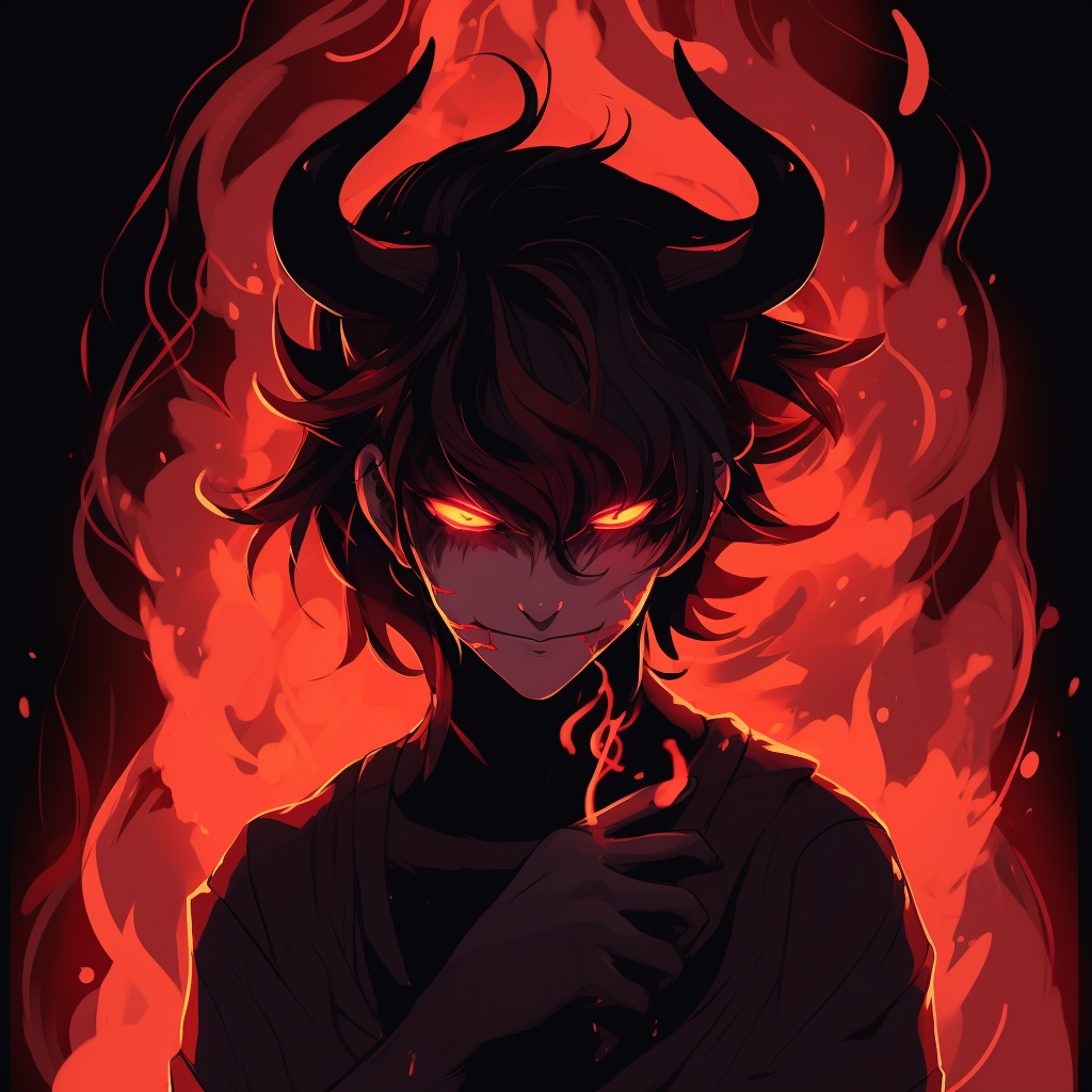Silhouette of a fire-colored demon, with sharp lines and vibrant orange hues. anime demon pfp aesthetics pfp for discord.