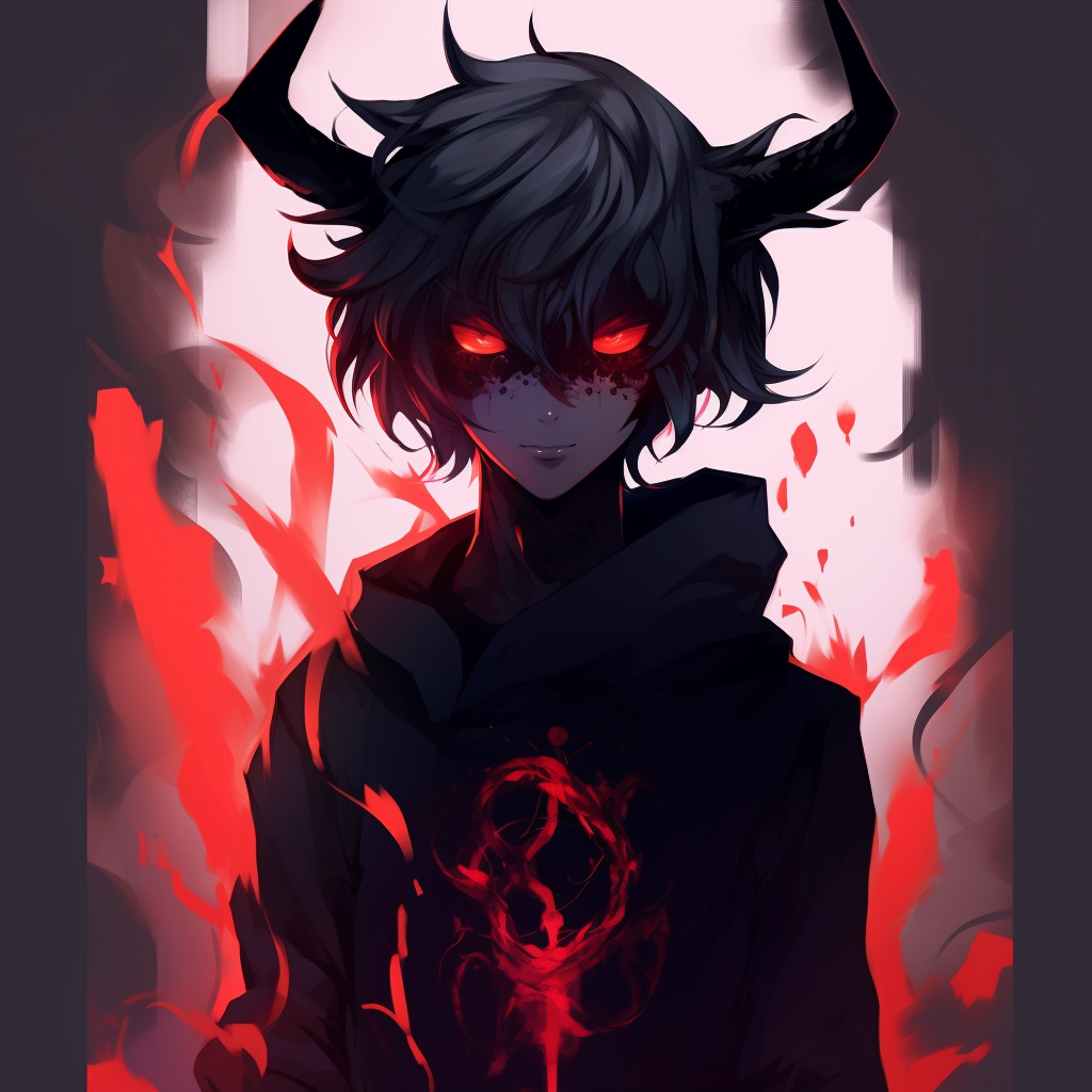A demon character with glowing eyes, unique use of lighting and rich colors. demonic anime pfp for characters pfp for discord.