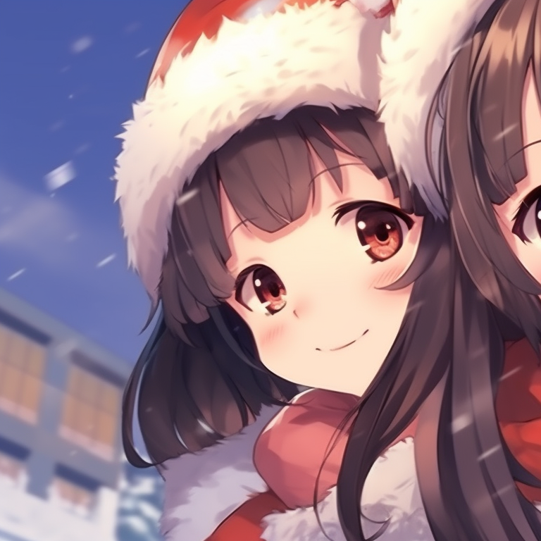 Two anime girls dressed in red and white, holding candy canes playfully, with pastel color palette and soft shading. favorite matching christmas anime girl pfp pfp for discord.