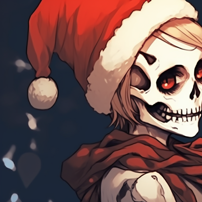 Two characters, dressed in Santa hats, their skeletal faces close, poised for a gentle kiss. bone love - matching christmas pfp of skeletons kissing pfp for discord.