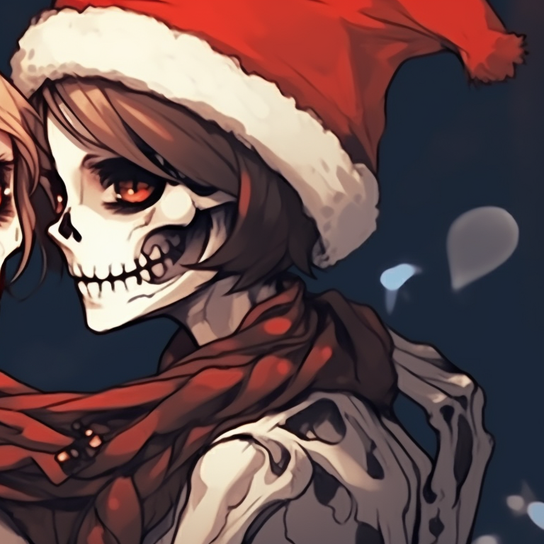 Two characters, dressed in Santa hats, their skeletal faces close, poised for a gentle kiss. bone love - matching christmas pfp of skeletons kissing pfp for discord.