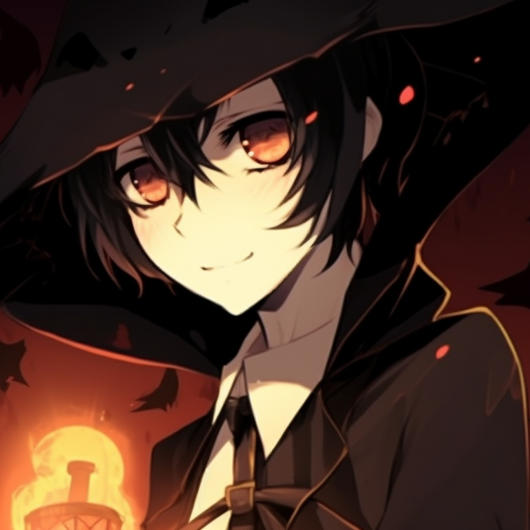 Two characters in ghoulish costumes, gothic style and ominous hues. anime matching pfp aesthetic halloween theme pfp for discord.