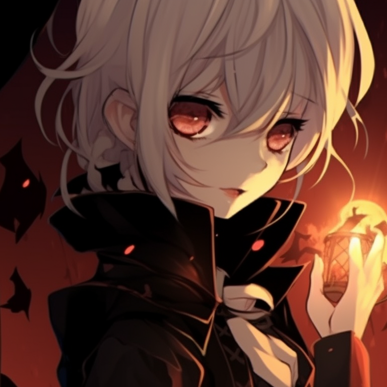 Two characters in ghoulish costumes, gothic style and ominous hues. anime matching pfp aesthetic halloween theme pfp for discord.