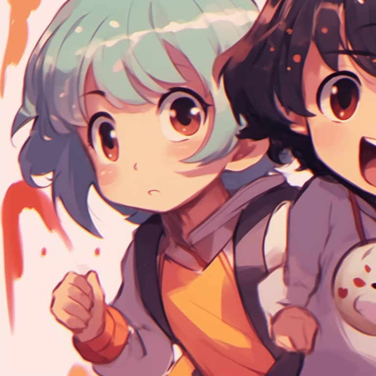 Three characters in dynamic poses, bold colors and detailed surroundings. adorable trio pfp matching pfp for discord.