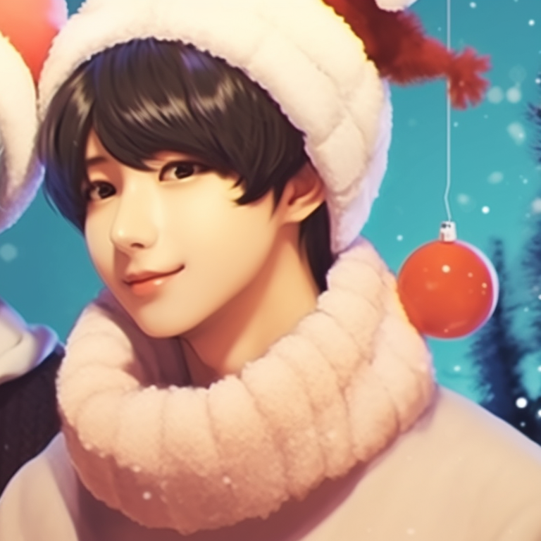 Two characters walking in the Christmas snow, soft glow and comfortable outfits. matching bts christmas pfp art for fans pfp for discord.