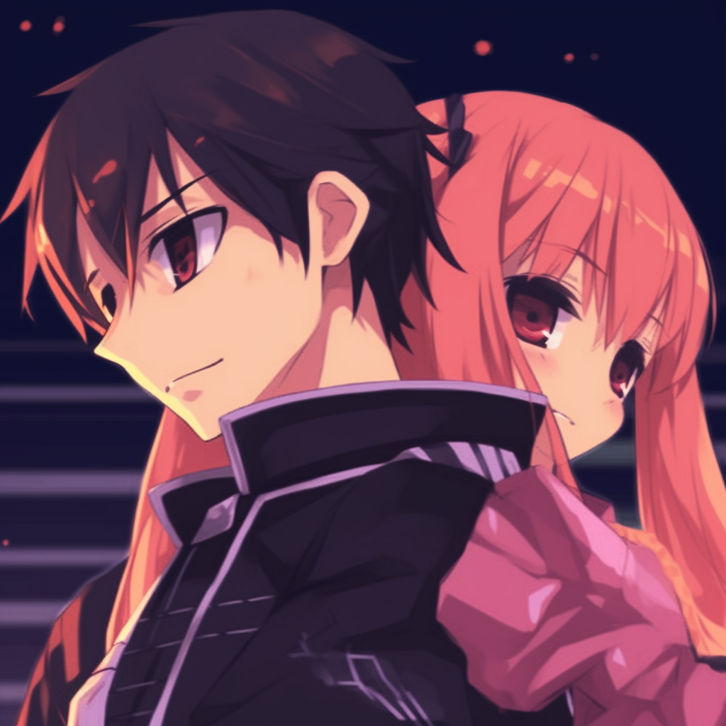 Focused on the expressions of Asuna and Kirito, capturing their bond with fine details and colors. artistic anime matching pfp couples