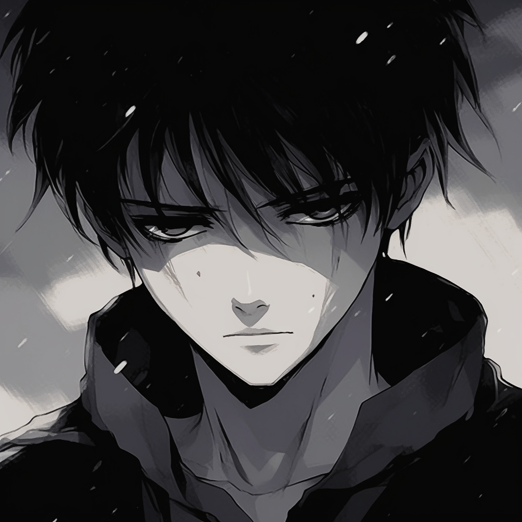 A close-up of Levi Ackerman from Attack on Titan, showing stark contrast and finely detailed shadows. intricate anime pfp gifs collection