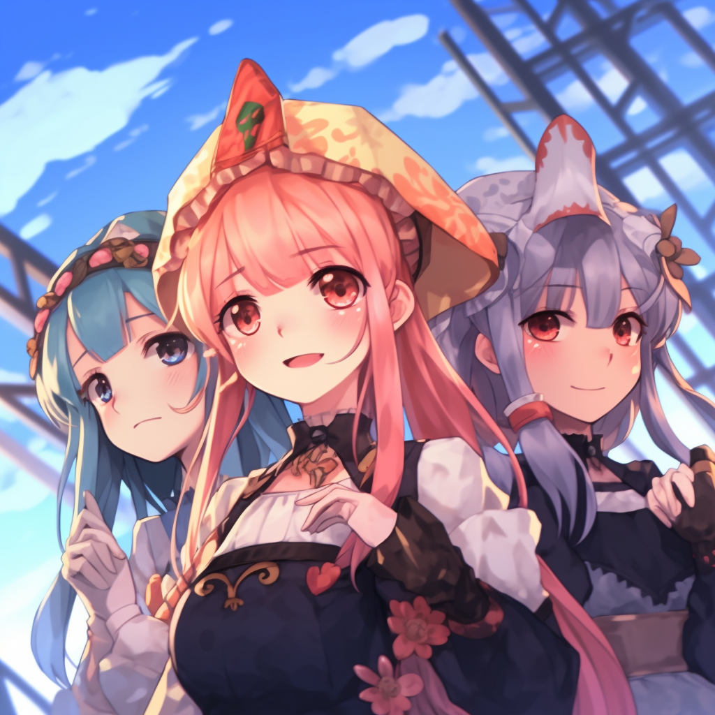 Anime trio with a magical theme, radiant colors and whimsical details. aesthetic anime trio pfp pfp for discord.