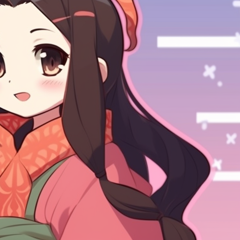 Nezuko and another character sharing a mistletoe moment, contrast of bright and pastel colors, coupled with soft shading. nezuko-themed matching christmas pfp pfp for discord.