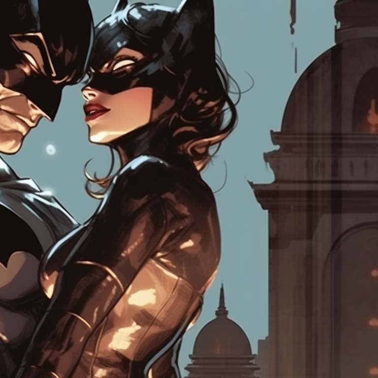 Catwoman and Batman sitting on a rooftop, high-contrast with city lights backdrop. batman and catwoman iconography pfp for discord.