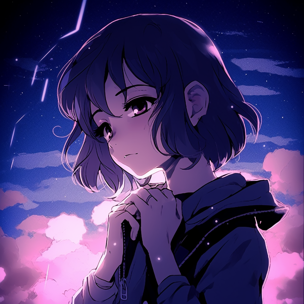 Anime character under a star-filled night sky, deep blue tones and sparkling stars. pfp ideas for aesthetic anime pfp for discord.
