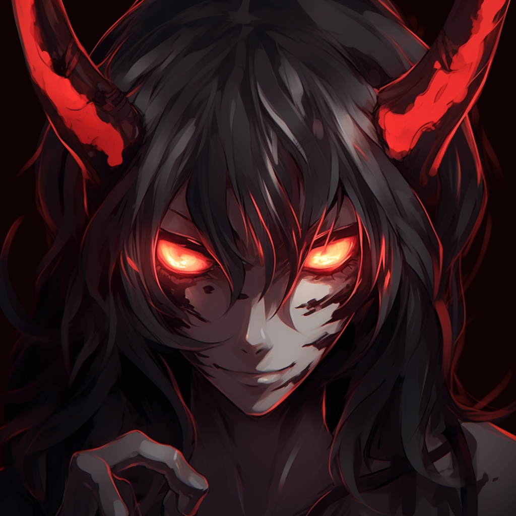 Character under demonic possession, stark contrast between normal and possessed side, vibrant colors. demonic anime pfp concepts pfp for discord.