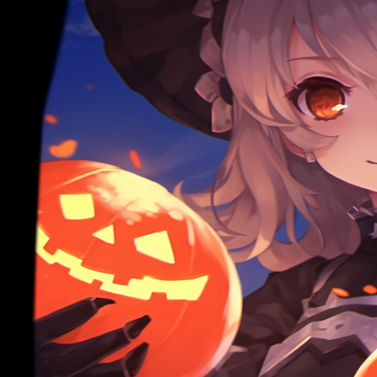 Two characters in the moonlight, Halloween props at hand, silhouetted against a radiant moon. genshin inspired halloween matching pfp pfp for discord.