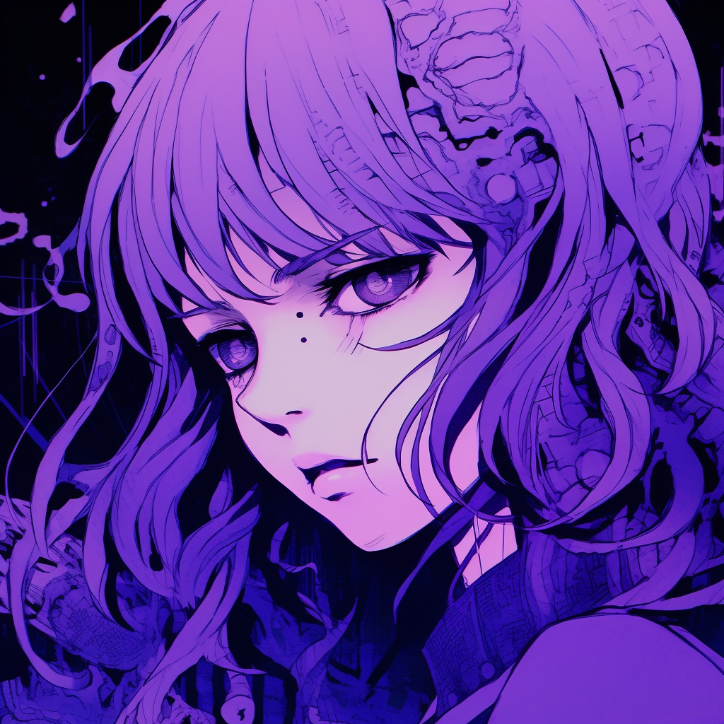 Close-up of piercing eyes emerging from the shadows of a purple evening, featuring vibrant colors. cool anime purple pfp pfp for discord.