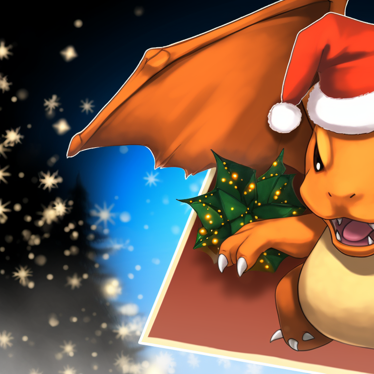 Two Charizard characters with Christmas hats, mistletoe background and warm colors. charizard christmas special pfp pfp for discord.