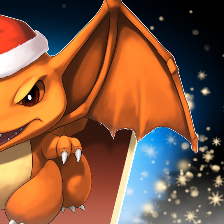 Two Charizard characters with Christmas hats, mistletoe background and warm colors. charizard christmas special pfp pfp for discord.