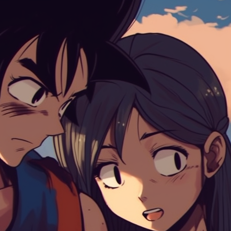Goku gazing at Chichi, intense expressions and contrasting cool and warm tones. goku and chichi love moments pfp for discord.