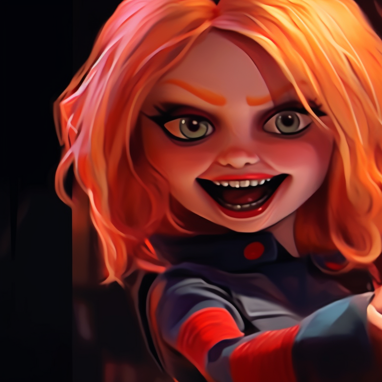 Chucky and Tiffany, featuring realistic gore, high level of detail and sharp lines. halloween themed pfp with chucky and tiffany pfp for discord.