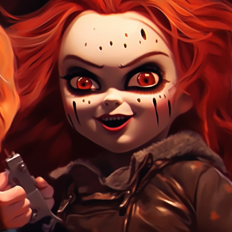 Chucky and Tiffany, featuring realistic gore, high level of detail and sharp lines. halloween themed pfp with chucky and tiffany pfp for discord.