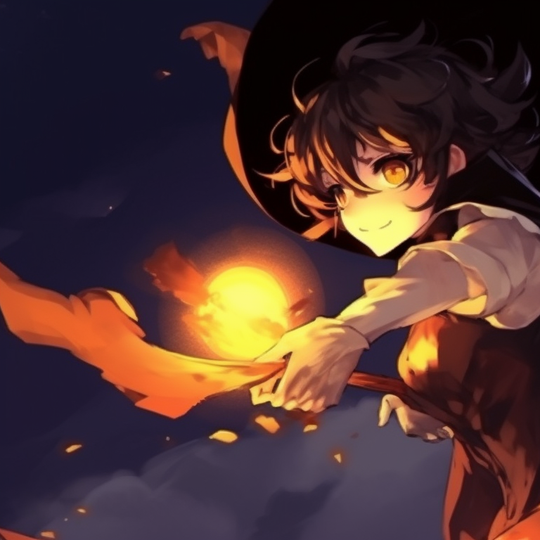 Two characters on a broom portraying a classic witches' flight across a full moon. anime halloween pfp ideas pfp for discord.