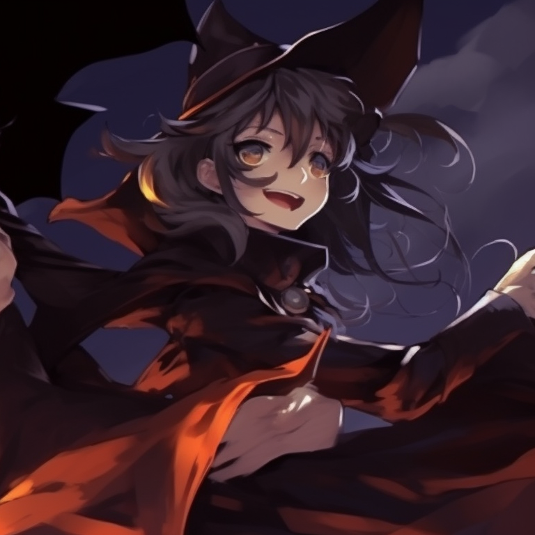 Two characters on a broom portraying a classic witches' flight across a full moon. anime halloween pfp ideas pfp for discord.