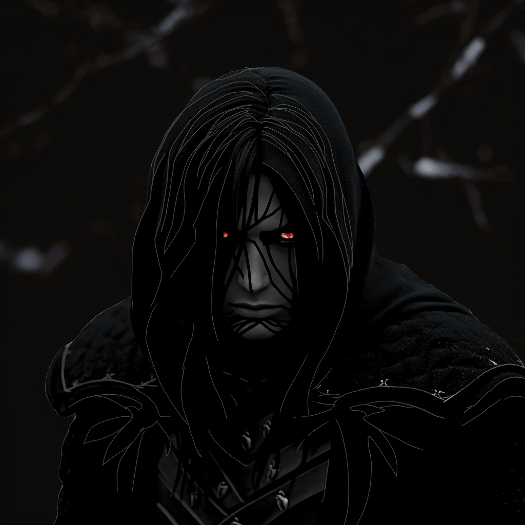 Depiction of a darkly clad warrior with intricate armor details, gloomy color palette accentuating the grim aesthetic. illustrated dark aesthetic pfp pfp for discord.