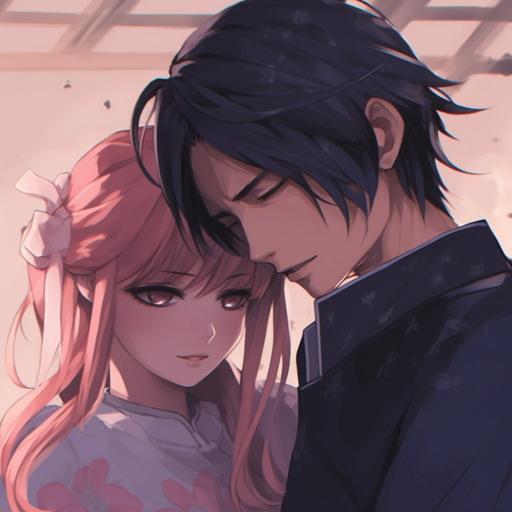 Close-up of Sakura and Sasuke, focus on their shared gaze, rich colors and fine details. unique anime pfp couple creations pfp for discord.