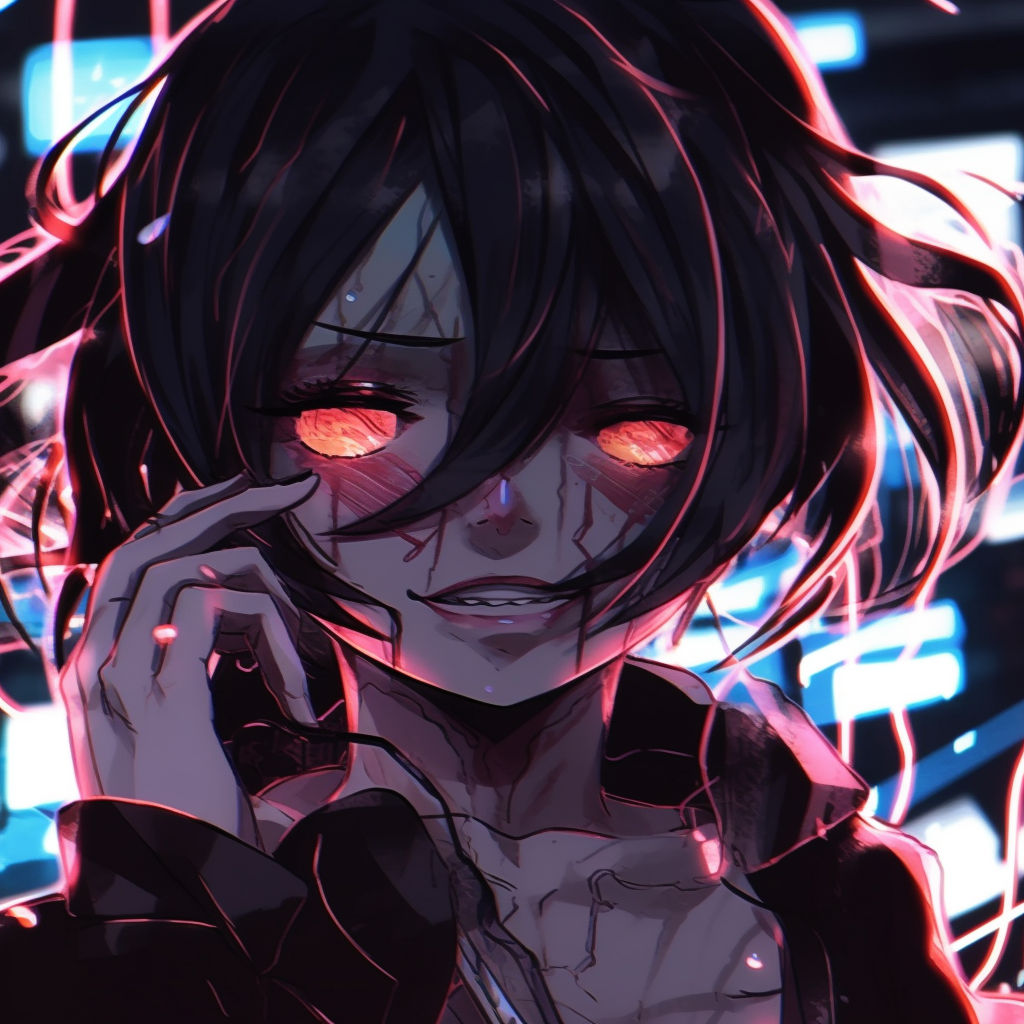 Close-up shot of a girl from anime, emphasizing on her vibrant eyes and expressions. crazy anime pfp girl depiction pfp for discord.