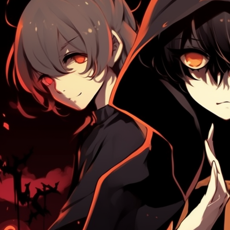 Three characters draped in shadows, hues of orange and black, appearing ghost-like. perfect halloween matching pfp for group of 5 pfp for discord.