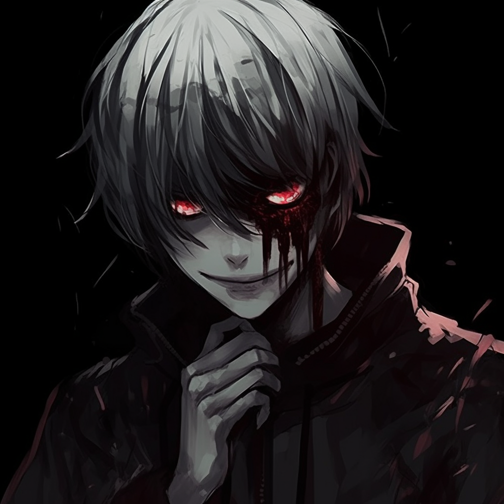 Kaneki with his ghoul eyes, red accents on a monochrome backdrop. edgy anime pfp ideas