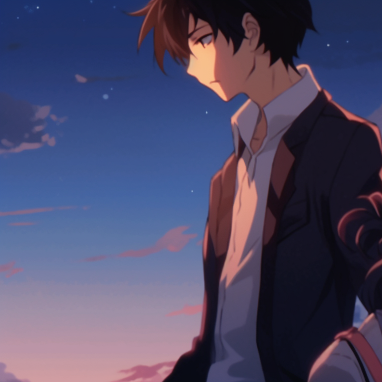 Two characters under a moon, soft color palette with a touch of realism, a relaxed posture. anime matching pfp gifs inspiration pfp for discord.