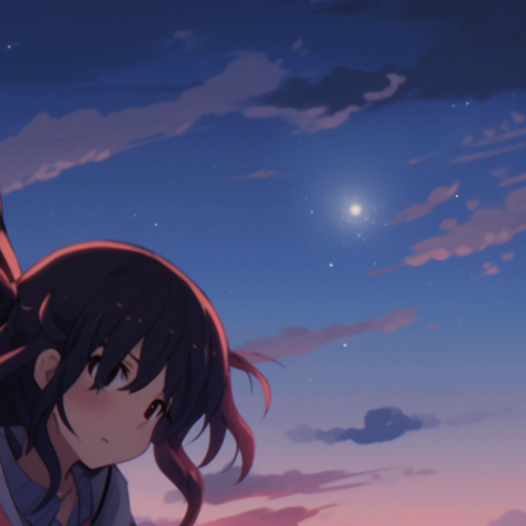 Two characters under a moon, soft color palette with a touch of realism, a relaxed posture. anime matching pfp gifs inspiration pfp for discord.