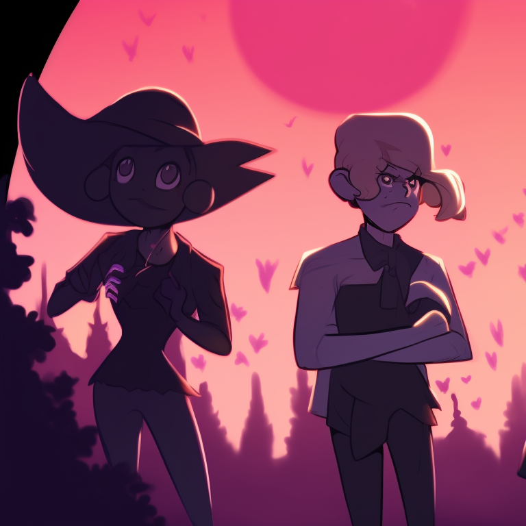 Steven and Connie in matching pumpkin outfits, with a minimalistic style, soft pastel colors, and playful expressions. halloween themed steven universe profile pictures pfp for discord.